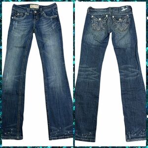 MEK Denim Dark Wash Low Rise Paint Splatter Quebec Boot Cut Jeans - Size 25/34